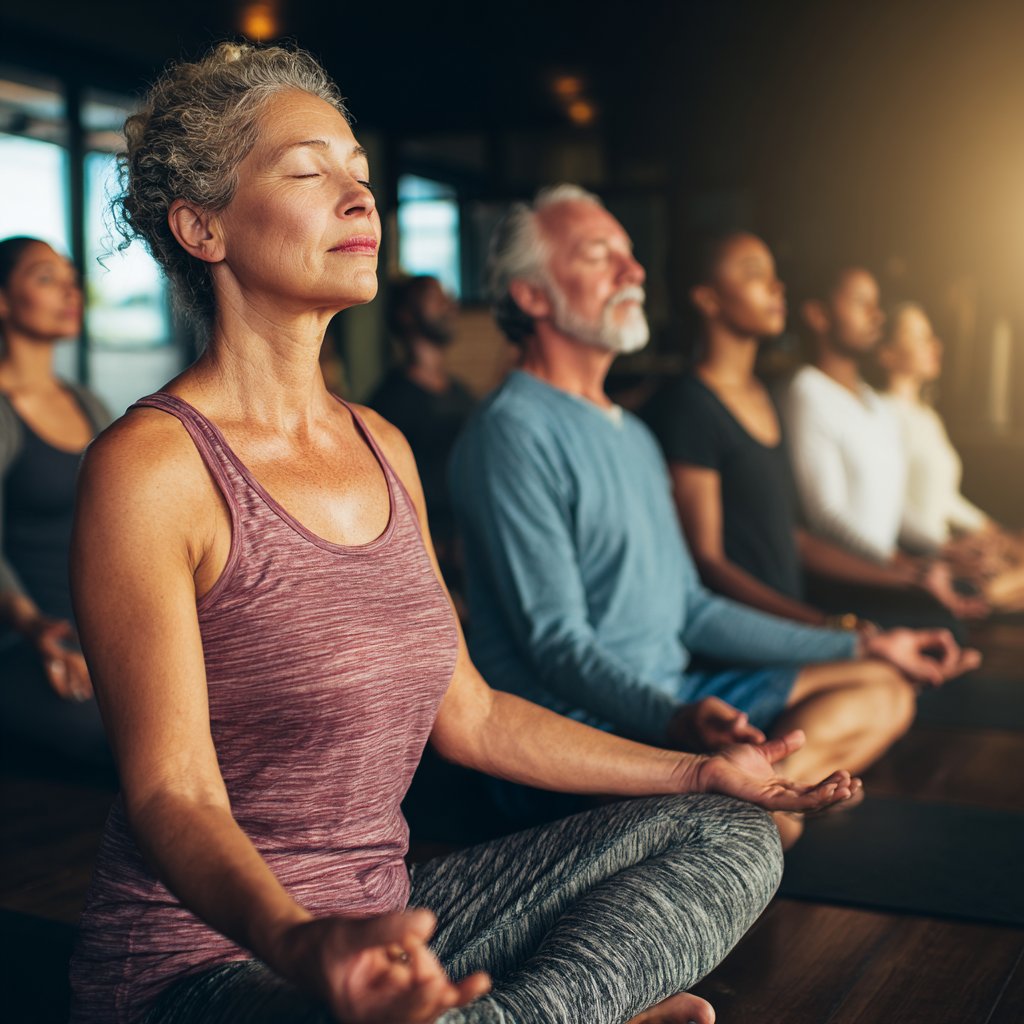 Diverse group of middle-aged adults practicing yoga together in serene studio setting